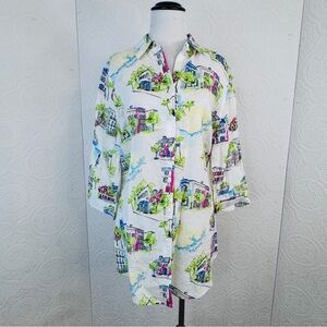 Chico Size 1  Top LINEN No Iron Trees  Buildings Blouse Button Down 3/4 Sleeves